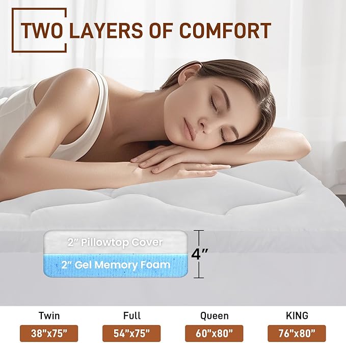 4 Inch Pillow Top Memory Foam Mattress Topper King, Dual Layer 2 Inch Gel Memory Foam Plus 2 Inch Pillow Top Cover, White