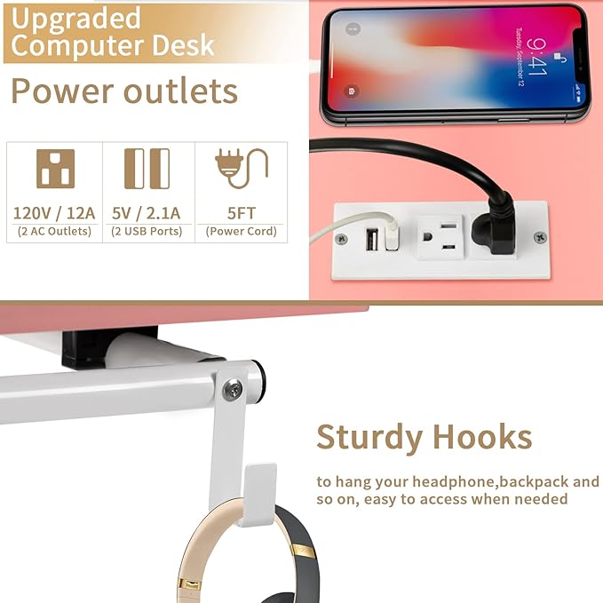 Hadulcet Mobile Standing Desk with Charging Station, Adjustable Standing Computer Desk, Standing Adjustable Laptop Cart with Wheels for Home Office Classroom, Pink