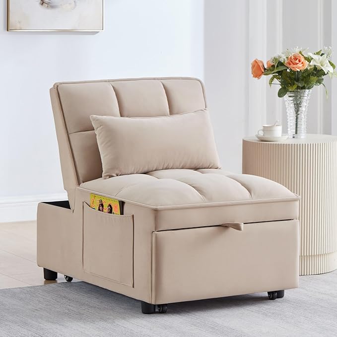 KEIKI Velvet Single Convertible Sleeper Chair Sofa Bed with Adjustable Backrest, Pillows & Storage Pockets, 3 in 1 Pull-Out Couch Chaise Lounge Recliner for Living Room Balcony Bedroom, Taupe