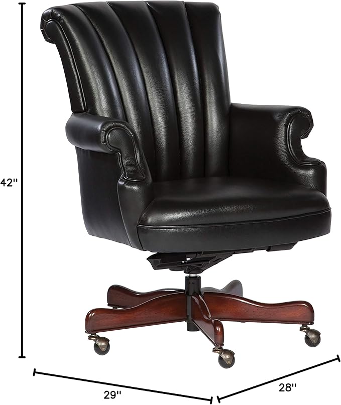 Hekman Furniture Executive Leather Chair Black Color, Highly Supportive Back Heavy Duty Wheels Pneumatic Mechanism Smooth Movement, Floor Mount Wide Seat Idle Movable Chair for Office & Home