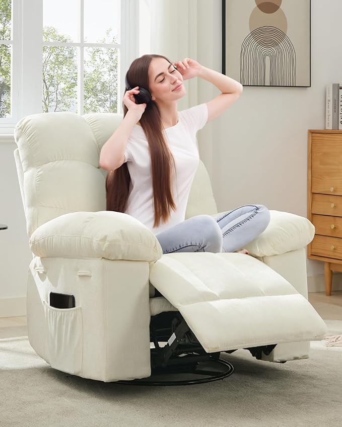 Rocking Recliner Chair,360° Swivel Rocker Chair for Living Room,Upholstered Fabric Glider Nursery Chair with Side Pockets for Small Spaces,Q235 Steel Frame Lazy Boy Recliner Single Sofa(Beige)
