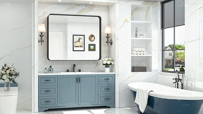 TokeShimi 42x36 Black Bathroom Mirror for Wall Vanity Mirror with Brushed Metal Frame Non-Rusting Aluminum Alloy for Modern Farmhouse Bedroom Living Room Decor (Horizontal/Vertical)