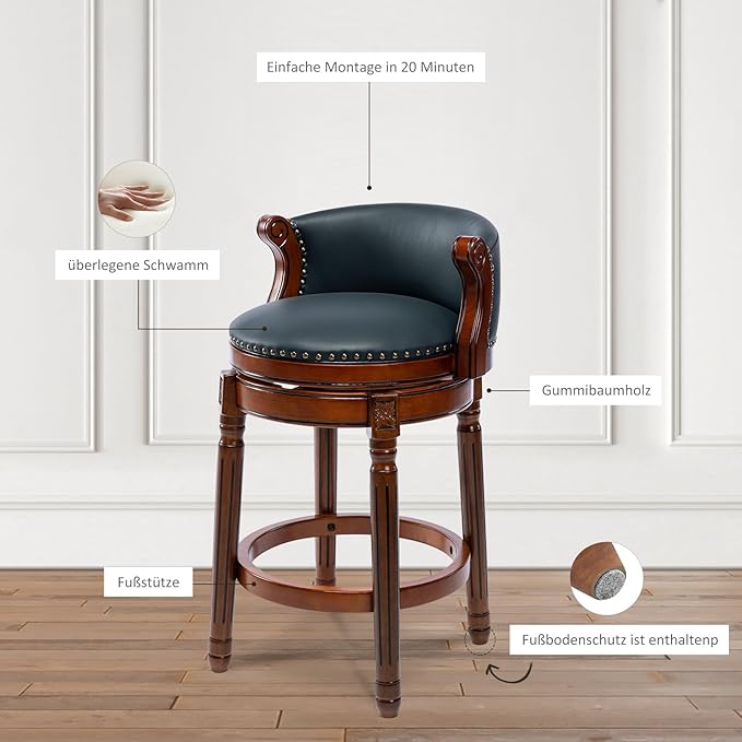 Cow top Leather Wooden Bar Stools, 26" Counter Height Bar Chair with Back, 180 Degrees Swivel Barstools Chair for Home Kitchen Counter,Dining Room, Restaurant