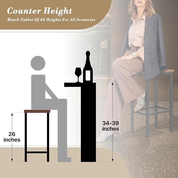 Athena Collection Bar Stools Set of 2, 26 Inches Counter Height Bar Stools Backless with Metal Legs and Footrest, Wood Barstools for Home, Kitchen Island, Counter, Brown