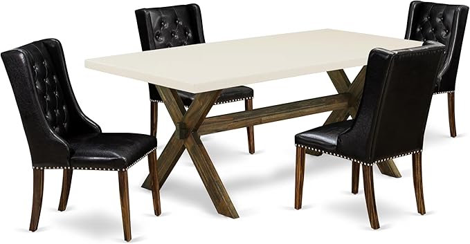 East West Furniture X727FO749-5 5 Piece Modern Dining Table Set Includes a Rectangle Wooden Table with X-Legs and 4 Black Faux Leather Parson Dining Chairs, 40x72 Inch, Multi-Color