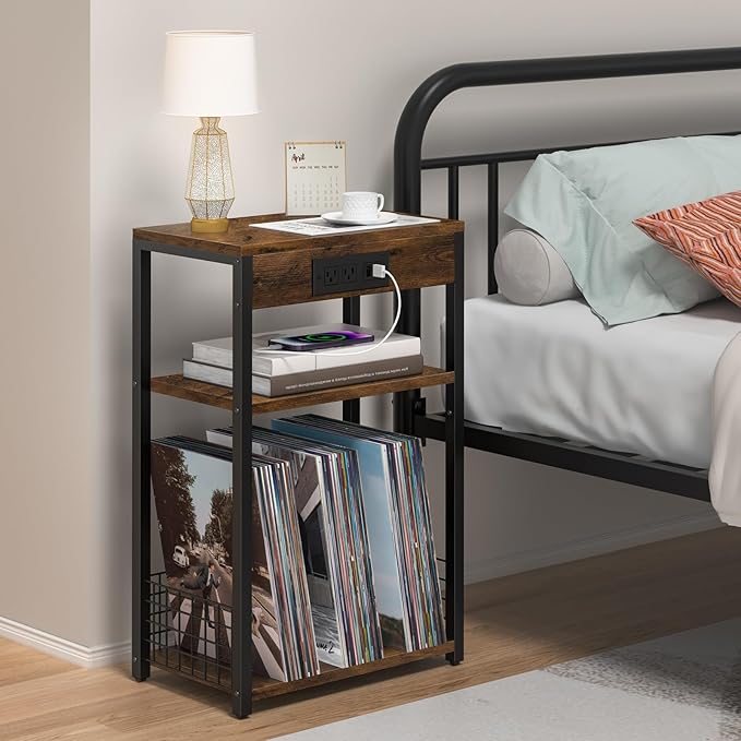 LELELINKY 3 Tier End Table with Charging Station, Brown Record Player Stand with Storage Up to 100 Albums Brown, Night Stand with USB Port, Nightstand for Small Spaces