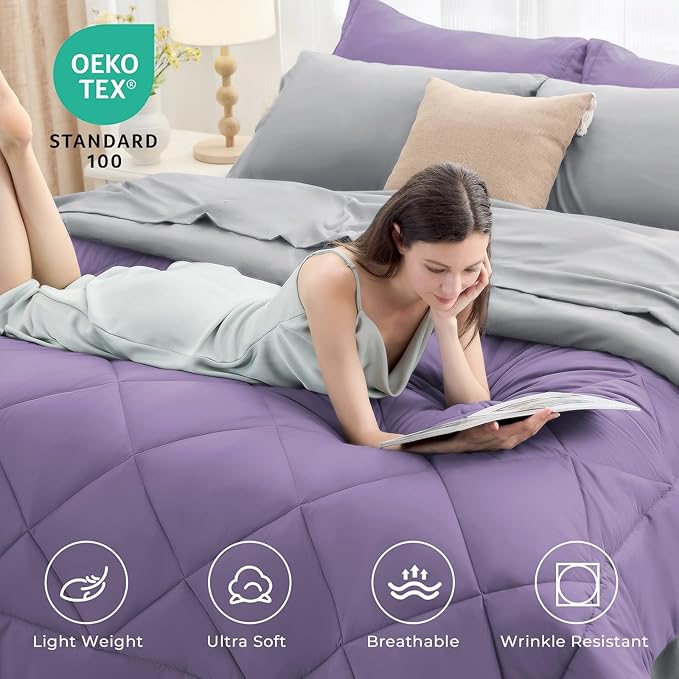 HEVUMYI Twin-XL Comforter Set - 5-Piece All Season Bed in a Bag Twin-XL, Ultra Soft Bedding Set with Comforter, Flat Sheet, Fitted Sheet, Pillowcases, Pillow Shams, Purple & Light Grey