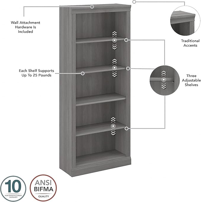 Bush Furniture Saratoga Tall 5 Shelf Bookcase in Modern Gray, Home Office Organizer, Vertical Storage Solution for Books and Office Supplies, Tall Bookshelf