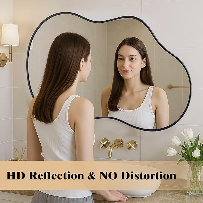WEER Irregular Wall Mirror, 20x36 inch Black Asymmetrical Mirror Wall Mounted Mirrors Decorative, Abstract Wavy Aluminum Alloy Frame Mirror for Bathroom, Bedroom, Living Room, Entryway