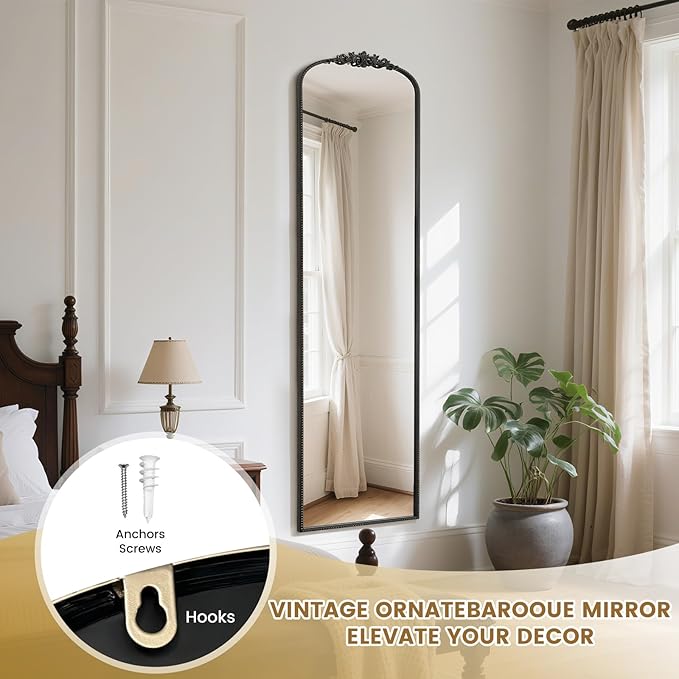WallBeyond Arched Full Length Mirror Wall Mounted, 21x78 Inch Black Antique Mirror, Vintage Metal Frame Full Body Mirro for Bedroom, Living Room, Hanging or Leaning