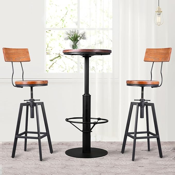 Industrial Bar Stools with Wood Backrest 25-32inch Height Adjustable Kitchen Island Dining Chair Extra Guest Stool Swivel Wooden Seat(Set of 2)