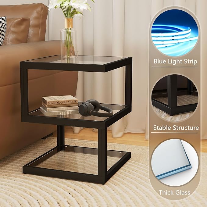 3-Tier Glass Table with LED Strip, Unique S-Shaped Design SideTable, Moderen Black Deco Table for Living Room and Bedside Room
