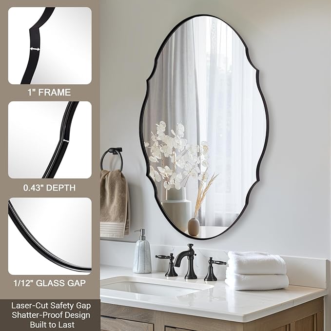 ANDY STAR Scalloped Oval Mirror for Bathroom, 24x36 Inch Matte Black Wall Vanity Mirror for Living Room,Fireplace, Rustproof Stainless Steel Metal Frame, Hang Vertical or Horizontal