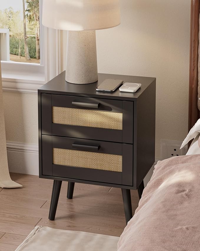 Masupu Rattan Night Stand, Modern nightstand Boho Bedside Table with 2 Drawer,Small End Side Table for Bedroom,Living Room,Office,Black