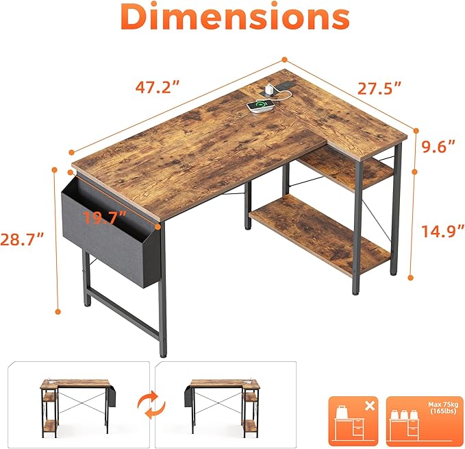 Small L Shaped Computer Desk with Power Outlets, Gaming Desk for Small Spaces, Corner Desk with Reversible Storage Shelves, Study Writing Table for Home Office (Socket, Rustic Brown, 48 inch)