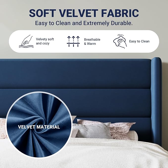 Allewie Queen Size Platform Bed Frame with Velvet Upholstered Wingback Headboard, No Box Spring Needed, Under Bed Storage Space, Wooden Slats, Modern Mattress Foundation, Easy Assembly, Blue