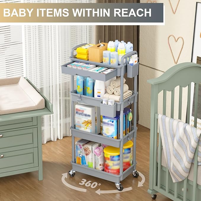Goovilla 4 Tier Rolling Utility Cart Organizer with Removable Drawer, Stable and Sturdy Grey Rolling Storage Carts with 2 Lockable Wheels for Bathroom, Kitchen, Snack, Craft, Makeup, Baby Essentials