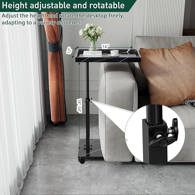 C Table End Table Adjustable Height, 360°Swivel TV Tray Table for Small Spaces, Couch Tables That Slide Under, C Shaped Side Tables Living Room and Bedroom for Sofa, Bed,Chair, Snack (Black)