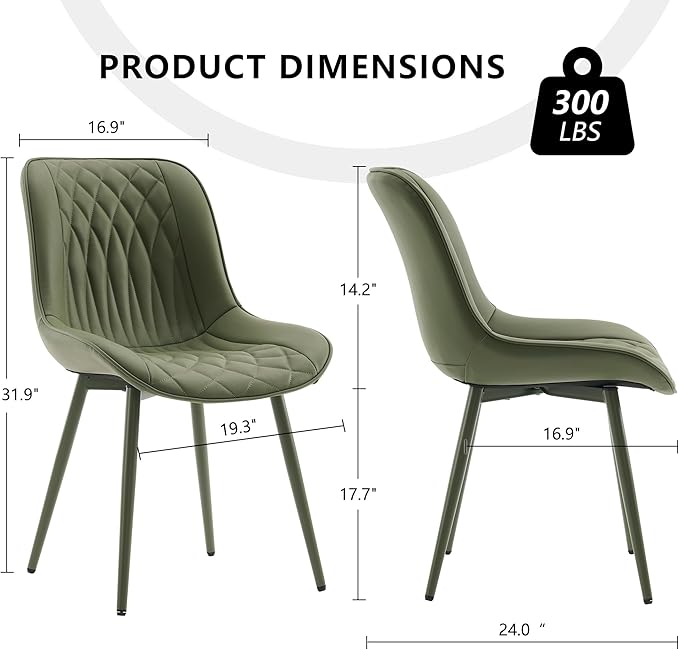 YOUNIKE Dining Chairs Set of 2 with High Backs Mid Century Modern Kitchen & Dining Room Chairs Faux Leather Upholstered Wide Accent Chair Comfortable Padded Living Wating Room Chair Olive Green