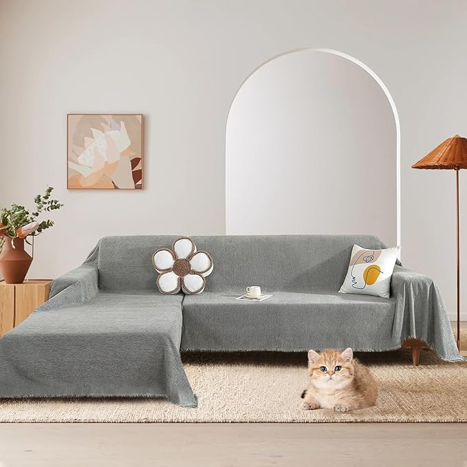 STACYPIK Chenille Sofa Cover for Dogs, Washable Dark Gray Couch Cover for Pets, Non Slip Couch Covers for L Shape, Furniture Protector for 3 Cushion Couch with Tassels,Sofa Throw Blankets-71X150IN