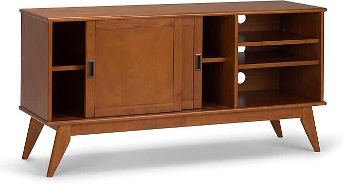 SIMPLIHOME Draper SOLID HARDWOOD 60 Inch Wide Mid Century Modern TV Media Stand in Teak Brown For TVs up to 65 Inches, For the Living Room and Entertainment Center