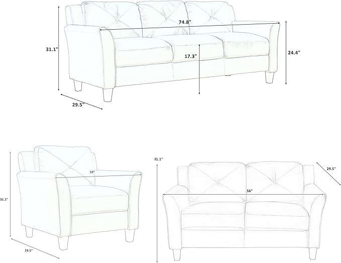 3 Pieses Modern Living Room Sofa Sets Polyester Blend Button Tufted Sofa&Couch Include 3 Seaters Couch, Loveseat and Armchair with Ergonomically Curved Armrests for Home Apartment Office