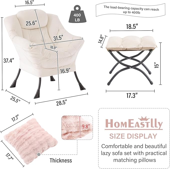 Lazy Chair with Ottoman, Modern Lounge Accent Chair with Armrests and a Throw Pillow, Leisure Sofa Chair Set, Reading Chair with Footrest for Living Room, Bedroom, Dorm Room, Office, Beige
