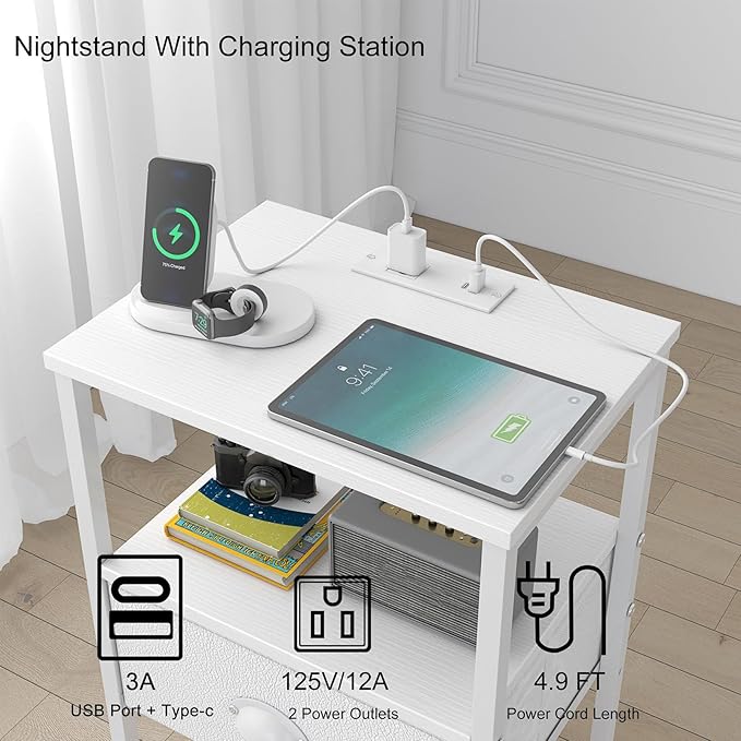 Nightstands Set of 2, Night Stands with Charging Station and Fabric Drawer PU Finish, Bedside Tables with Storage, 3 Tier Side Table with Open Shelf, Nightstands with Charging Station,White