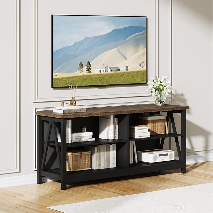 ChooChoo Farmhouse TV Stand for TVs up to 55 Inch, Modern Entertainment Center with 4 Open Shelves & Built-in Cable Holes, Media TV Console for Living Room, Bedroom, Black