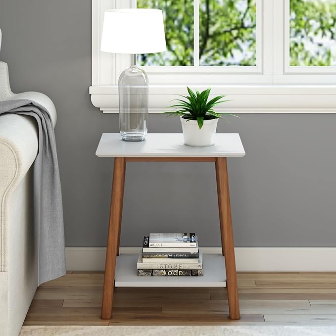 Plank+Beam Wooden Side Table with Storage, Mid Century Modern End Tables for Living Room, Small Solid Wood Nightstand, Bedside Tables, Bedroom Furniture, White/Pecan
