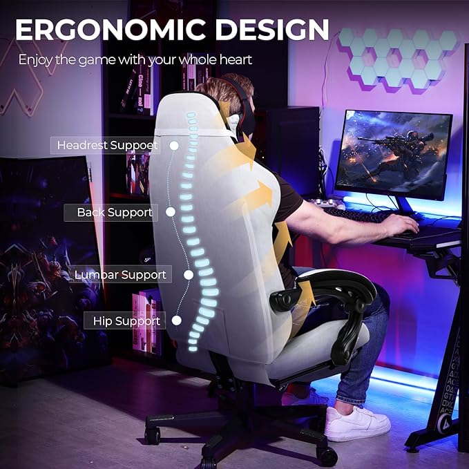 GTPLAYER Gaming Chair Fabric with Footrest, Big and Tall Game Chair High Back Computer Office Chair with Lumbar Support for Adults, Ergonomic Swivel Games Chair with Cushion Gaming Grey