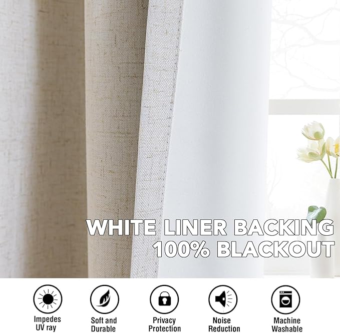 H.VERSAILTEX Linen Curtains 100% Blackout Curtains for Bedroom 108 inch Long Full Light Blocking Nature Linen Blended Window Curtains for Living Room Nickel Grommet (2 Panels, Heathered Natural)
