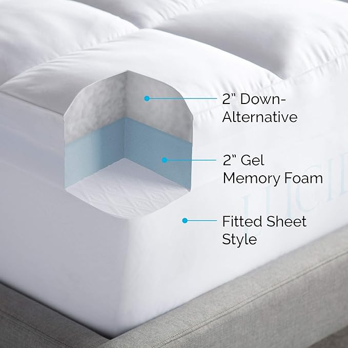 LUCID 4 Inch Down Alternative and Gel Memory Foam Mattress Topper - Three Toppers In One - Full , White