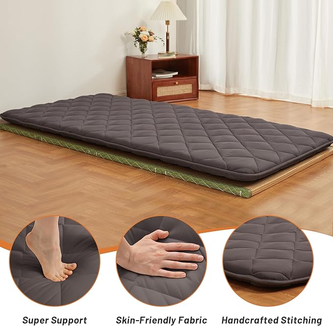 Japanese Floor Futon Mattress, Tatami Mat Sleeping Pad, Shikibuton, Mattresses Topper, Roll Up Dormitory Mattress, Foldable & Portable Floor Lounger Bed, Guest Bed(Grey, Twin)