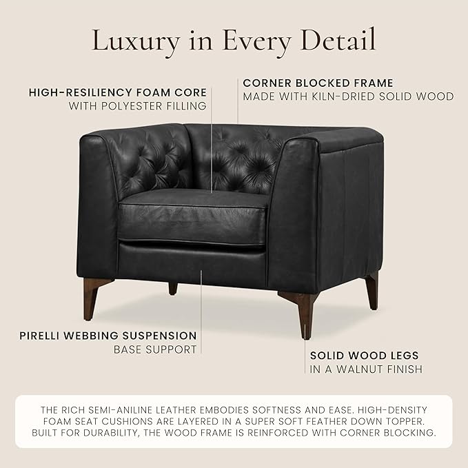 Poly & Bark Essex Lounge Chair - Leather Chair with Tufted Back - Full-Grain Living Room Armchair with Feather-Down Topper - Vintage Italian Leather in Midnight Black - Set of 2