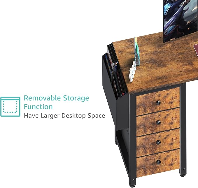 Lufeiya L Shaped Computer Desk with Drawers & Storage Shelves, 55 Inch Corner Desk with Power Outlet for Home Office Bedroom, L-Shaped Teen PC Gaming Desks with Fabric Drawer, Rustic Brown