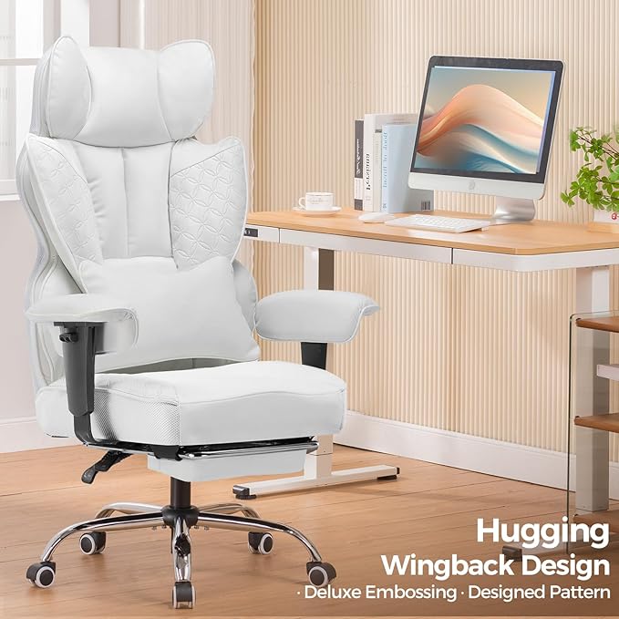 GTRACING Big and Tall Gaming Chair 400lbs Heavy Duty Office Chair with Foot Rest & Ergonomic Pocket Spring Lumbar Support, High Back 3D Saddle Shaped Cushion for Back Pain Relief, White