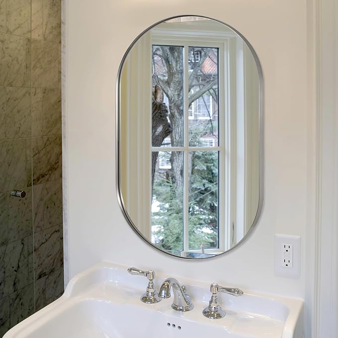ANDY STAR 26x38’’ Brushed Nickel Oval Bathroom Mirror, Pill-Shaped Nickel Mirror Metal Framed, Stainless Steel Anti-Rust, Wall-Mounted Vertical/Horizontal