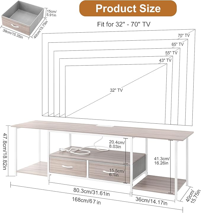 TQVAI 70 Inch TV Stand - Farmhouse Entertainment Center with Fabric Drawers Storage & Charging Station, Media Console Table for Bedroom, Living Room, Retro Grey/White