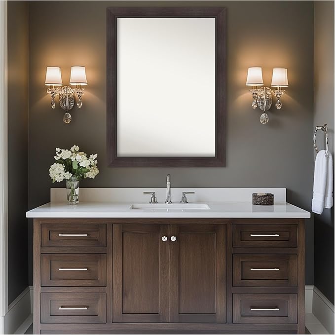 Amanti Art Brown Bathroom Mirror for Over Sink, 33x44 Sloped Espresso Rectangle Vanity Mirror, X-Large Modern Frame, Hangs Horizonally and Vertically, Bathroom Wall Decor, Non-Beveled Edge
