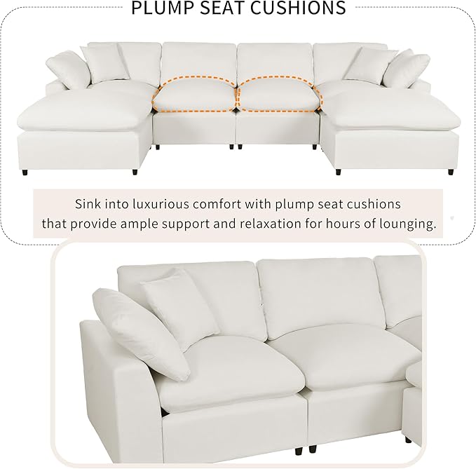 134.4 Inch U-Shaped Oversized Upholstered Sectional Sofa with Removable Ottomans, Large 6 Seater Modular Combination Corner Couch for Living Room, Office, Spacious Space, Beige