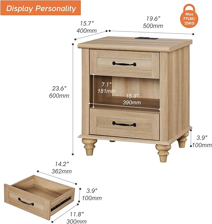 WAMPAT Oak Night Stand with 2 Drawers, Wooden Sofa Side Table with Charging Station, Farmhouse End Table for Living Room, Retro Nightstand Bedside Table for Bedroom