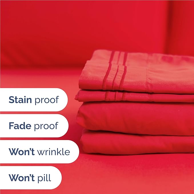 Twin XL Size 3 Piece Sheet Set - Comfy Breathable & Cooling Bed Sheets Set - Hotel Luxury Bedding for Women, Men, Kids, Teens, Boys & Girls - Deep Pockets, Ultra-Soft, Wrinkle Free - Oeko-Tex - Red