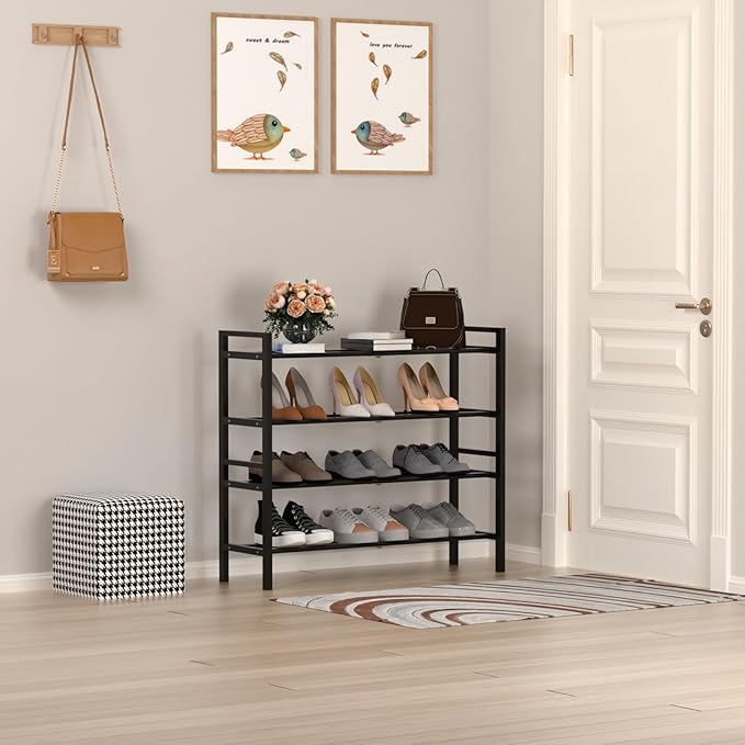 Haddockway Bamboo Shoe Rack for Closet, Free Standing Shoe Organizer with Smooth Round Rods & Convenient Handles, Stackable Shoe Storage Shelf for Entryway, Hallway(Black, 4-Tier)