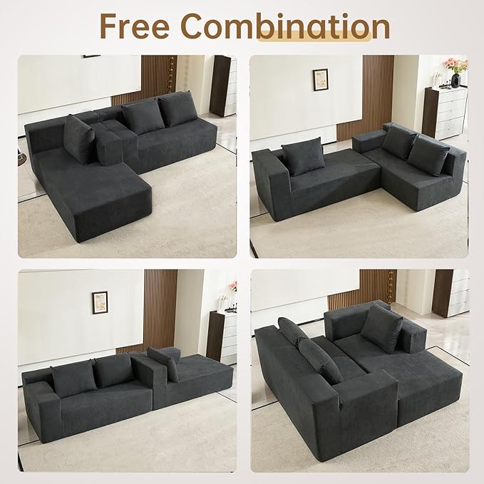 ANONER 103” Cloud Sectional Sofa L-Shaped Boneless Couch, Modern Minimalist Modular Free Combination Foam Sofa with Deep Seat for Living Room, No Assembly Required, Dark Grey
