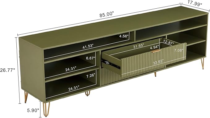 Manhattan Comfort Dumbo Mid Century Modern TV Stand for Televisions up to 80 Inches, Home Entertainment Center with Storage, 6 Shelves, 2 Drawers, No Tool Assembly, 85" Wide, Olive Green