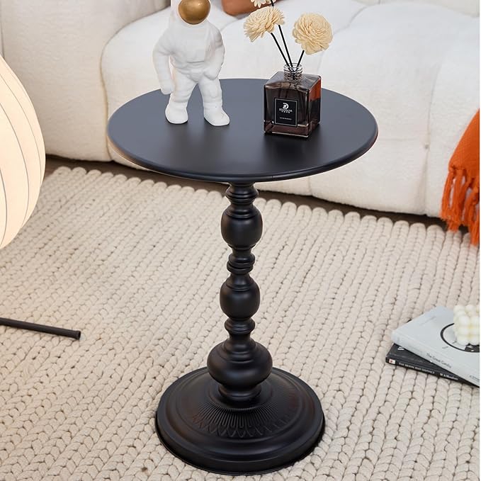 Chic Vintage Round Side Table with Elegant Roman Columns - Sturdy Metal Construction, Perfect for Coffee, End, Tea, or Leisure Use in Living Room or Bedroom Decor (Black Black 1 Pack)