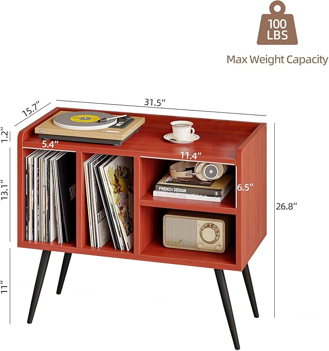 Record Player Stand with Vinyl Storage,Turntable Stand with Solid Wood Legs,Record Player Table Holds Up to 200 Albums,Vinyl Holder Storage Shelf for Bedroom Living Room,Walnut