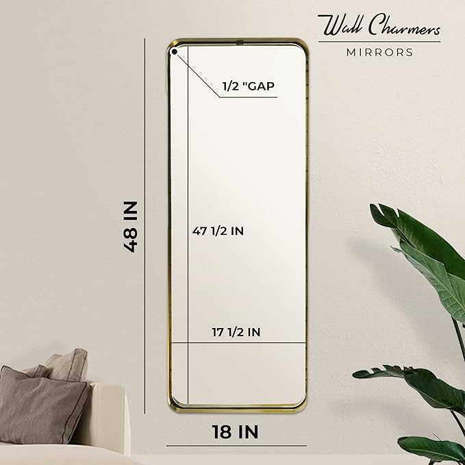 Gold Rectangular Mirror 48 inch Tall | Wall Mounted or Free Standing Floor Mirror | Full Size with Stainless Steel Frame and Rounded Corners | Full Length Mid Century Modern Design by Wall Charmers