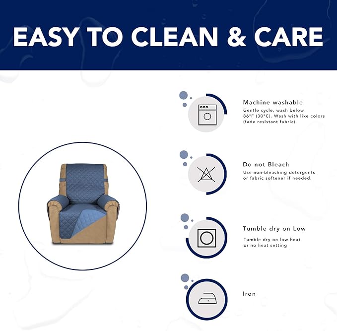 PureFit Reversible Sofa Cover Water Resistant Recliner Couch Cover, Machine Washable Furniture Cover with Adjustable Strap for Dogs, Pets (Recliner, Dark Blue/Light Blue)